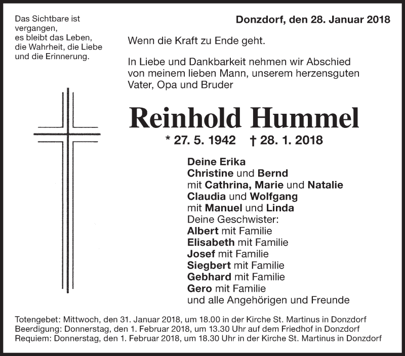  Traueranzeige für Reinhold Hummel vom 30.01.2018 aus NWZ Neue Württembergische Zeitung