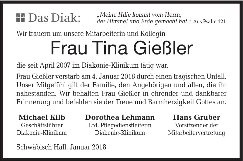  Traueranzeige für Tina Gießler vom 11.01.2018 aus Haller Tagblatt