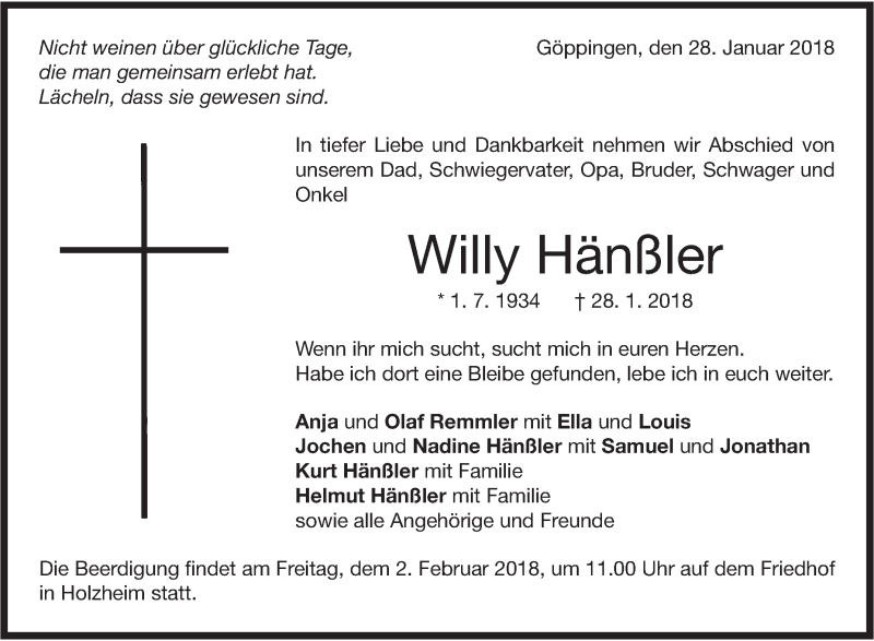  Traueranzeige für Willy Hänßler vom 30.01.2018 aus NWZ Neue Württembergische Zeitung