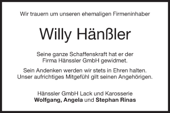 Traueranzeige von Willy Hänßler von NWZ Neue Württembergische Zeitung