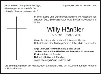 Traueranzeige von Willy Hänßler von NWZ Neue Württembergische Zeitung