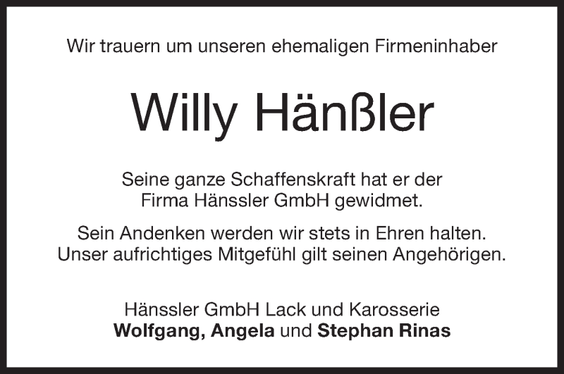  Traueranzeige für Willy Hänßler vom 31.01.2018 aus NWZ Neue Württembergische Zeitung