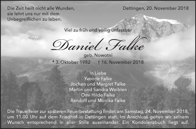  Traueranzeige für Daniel Falke vom 20.11.2018 aus Metzinger-Uracher Volksblatt