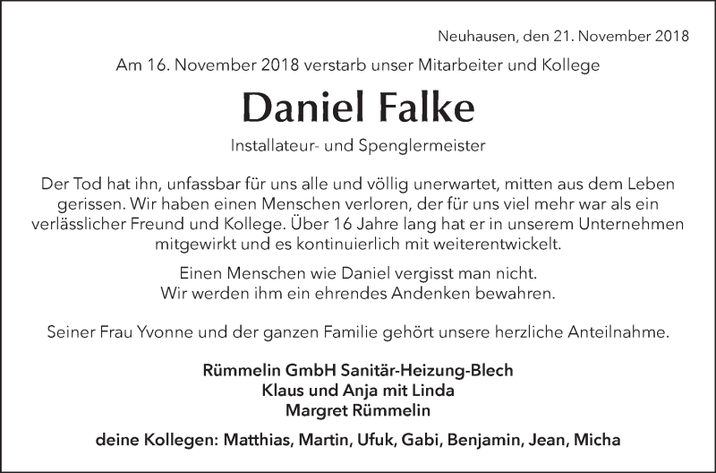  Traueranzeige für Daniel Falke vom 21.11.2018 aus Metzinger-Uracher Volksblatt