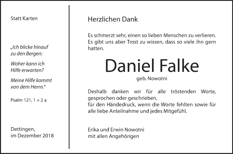  Traueranzeige für Daniel Falke vom 06.12.2018 aus Metzinger-Uracher Volksblatt