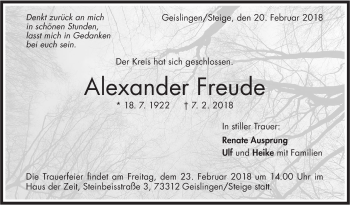 Traueranzeige von Alexander Freude von Geislinger Zeitung