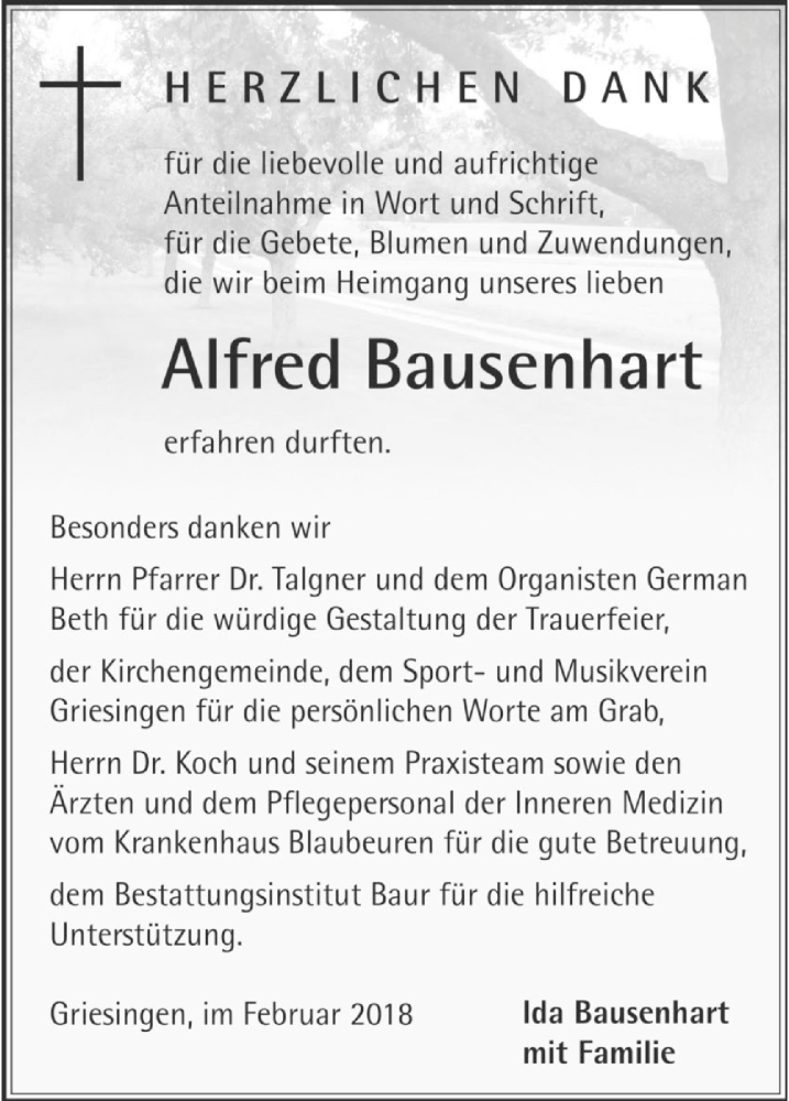  Traueranzeige für Alfred Bausenhart vom 27.02.2018 aus Ehinger Tagblatt