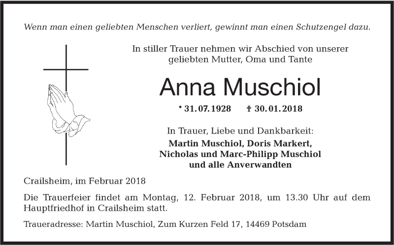  Traueranzeige für Anna Muschiol vom 08.02.2018 aus Hohenloher Tagblatt