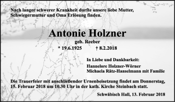 Traueranzeige von Antonie Holzner von Haller Tagblatt