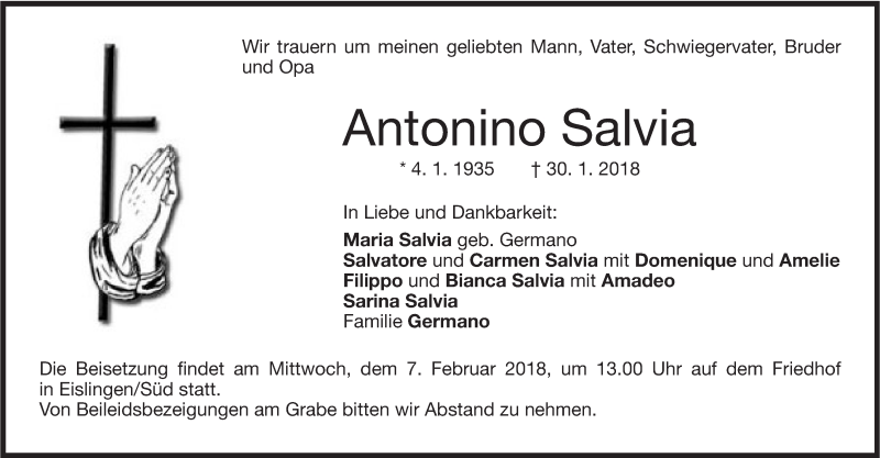  Traueranzeige für Antonino Salvia vom 03.02.2018 aus NWZ Neue Württembergische Zeitung