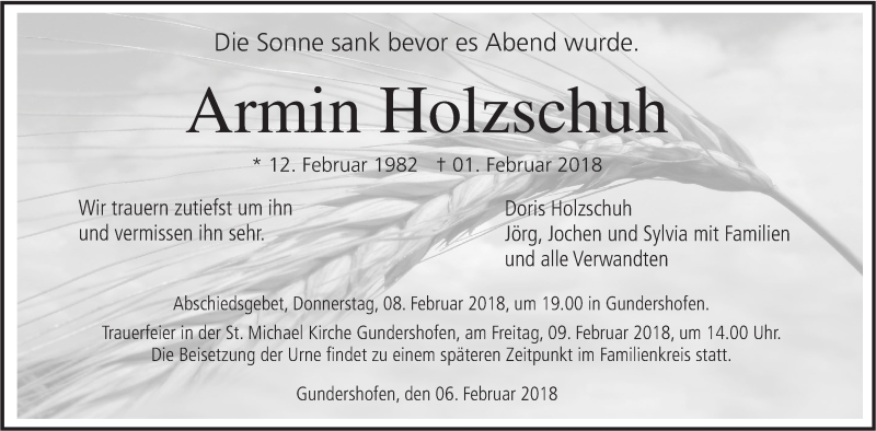  Traueranzeige für Armin Holzschuh vom 06.02.2018 aus Metzinger-Uracher Volksblatt