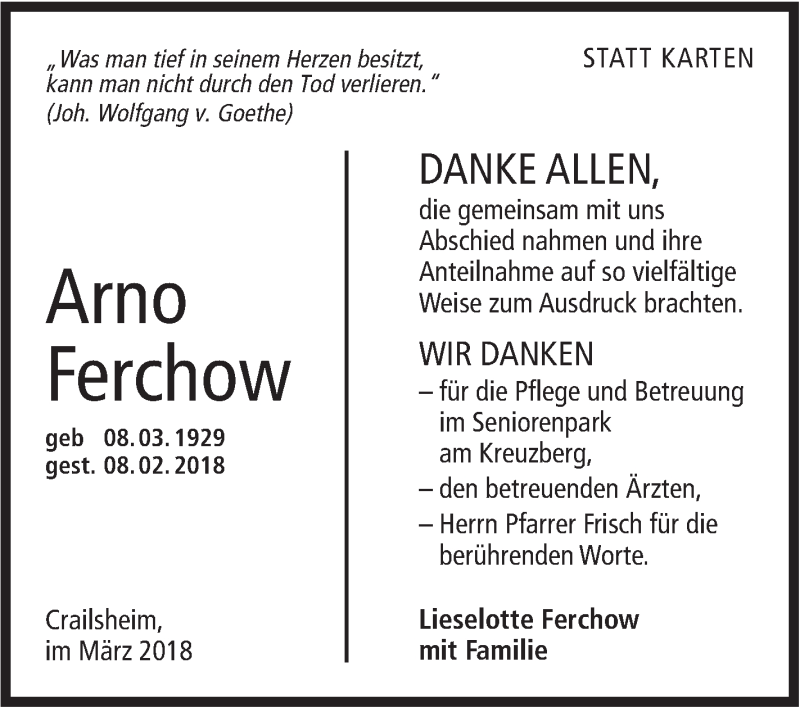  Traueranzeige für Arno Ferchow vom 03.03.2018 aus Hohenloher Tagblatt