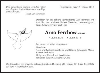 Traueranzeige von Arno Frechow von Hohenloher Tagblatt