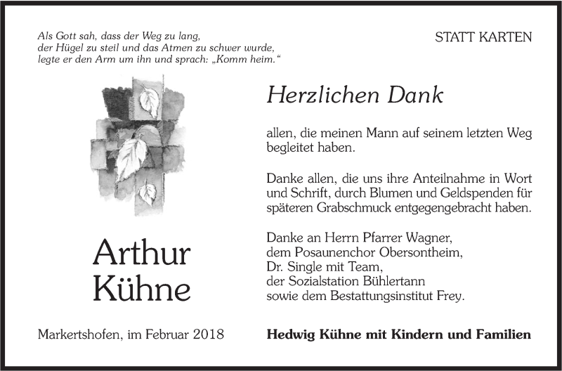  Traueranzeige für Arthur Kühne vom 24.02.2018 aus Haller Tagblatt