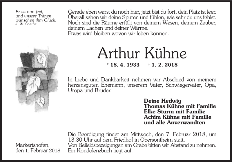  Traueranzeige für Arthur Kühne vom 03.02.2018 aus Haller Tagblatt