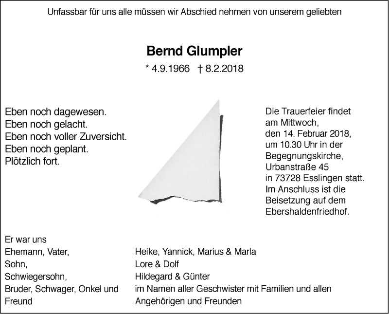  Traueranzeige für Bernd Glumpler vom 13.02.2018 aus NWZ Neue Württembergische Zeitung