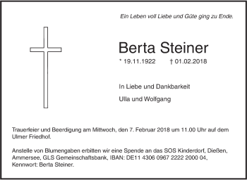 Traueranzeige von Berta Steiner von SÜDWEST PRESSE Ausgabe Ulm/Neu-Ulm