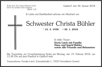 Traueranzeige von Christa Bühler von Rundschau Gaildorf