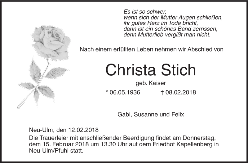  Traueranzeige für Christa Stich vom 12.02.2018 aus SÜDWEST PRESSE Ausgabe Ulm/Neu-Ulm