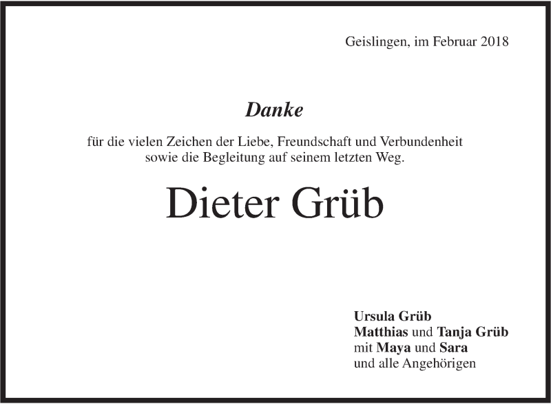  Traueranzeige für Dieter Grüb vom 07.02.2018 aus Geislinger Zeitung