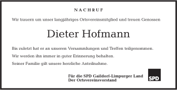 Traueranzeige von Dieter Hofmann von Rundschau Gaildorf