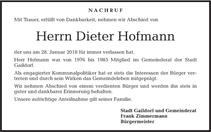  Traueranzeige für Dieter Hofmann vom 07.02.2018 aus Rundschau Gaildorf