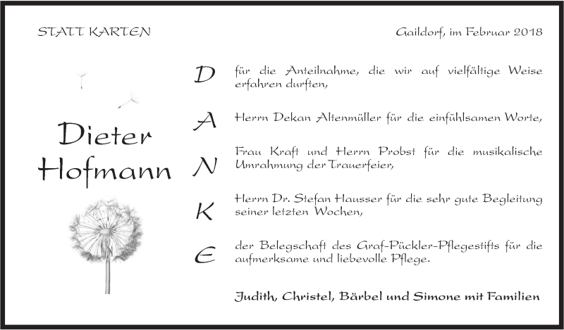  Traueranzeige für Dieter Hofmann vom 17.02.2018 aus Rundschau Gaildorf
