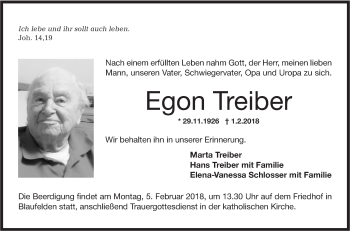 Traueranzeige von Egon Treiber von Hohenloher Tagblatt
