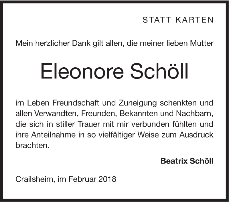  Traueranzeige für Eleonore Schöll vom 24.02.2018 aus Hohenloher Tagblatt