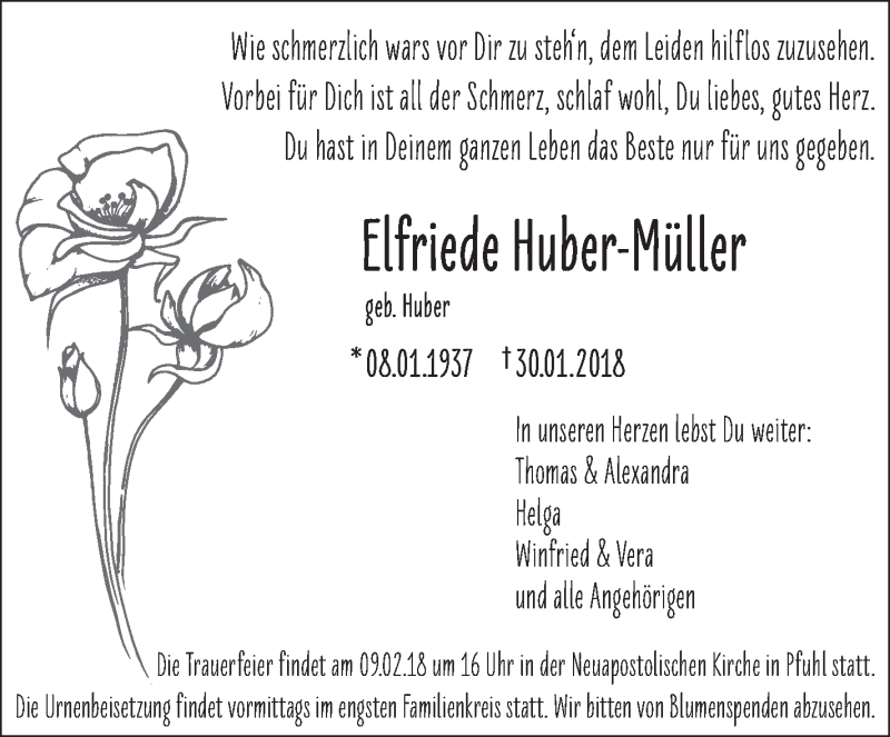 Traueranzeige für Elfriede Huber-Müller vom 03.02.2018 aus SÜDWEST PRESSE Ausgabe Ulm/Neu-Ulm
