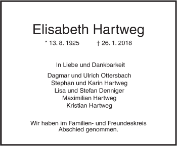 Traueranzeige von Elisabeth Hartweg von SÜDWEST PRESSE Ausgabe Ulm/Neu-Ulm