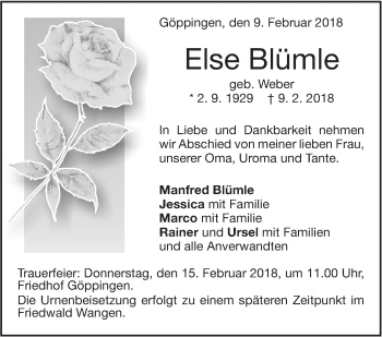 Traueranzeige von Else Blümle von NWZ Neue Württembergische Zeitung