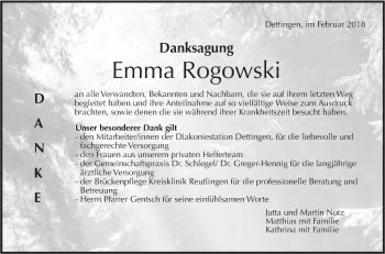 Traueranzeige von Emma Rogowski von Metzinger-Uracher Volksblatt
