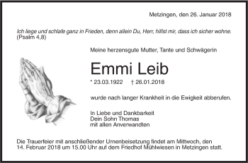 Traueranzeige von Emmi Leib von Metzinger-Uracher Volksblatt