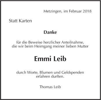 Traueranzeige von Emmi Leib von Metzinger-Uracher Volksblatt