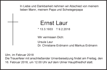 Traueranzeige von Ernst Laur von SÜDWEST PRESSE Ausgabe Ulm/Neu-Ulm
