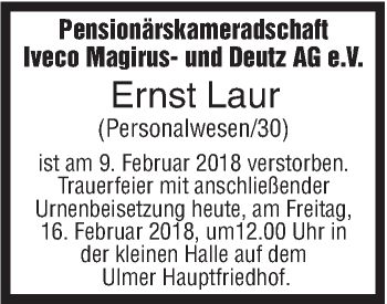 Traueranzeige von Ernst Laur von SÜDWEST PRESSE Ausgabe Ulm/Neu-Ulm