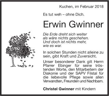 Traueranzeige von Erwin Gwinner von Geislinger Zeitung
