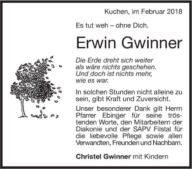  Traueranzeige für Erwin Gwinner vom 15.02.2018 aus Geislinger Zeitung