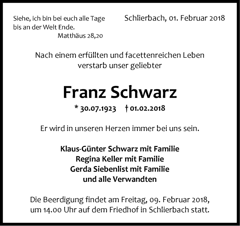  Traueranzeige für Franz Schwarz vom 05.02.2018 aus NWZ Neue Württembergische Zeitung