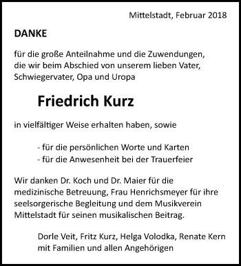 Traueranzeige von Friedrich Kurz von Metzinger-Uracher Volksblatt