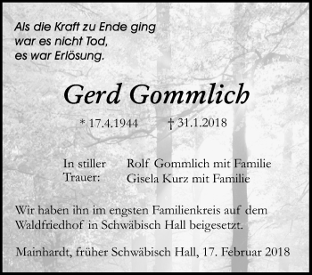 Traueranzeige von Gerd Gommlich von Haller Tagblatt