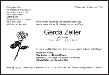 Traueranzeige von Gerda Zeller von NWZ Neue Württembergische Zeitung