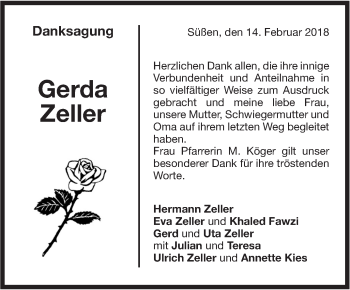 Traueranzeige von Gerda Zeller von NWZ Neue Württembergische Zeitung