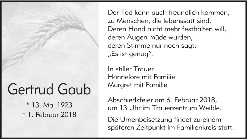  Traueranzeige für Gertrud Gaub vom 05.02.2018 aus Alb-Bote/Metzinger-Uracher Volksblatt
