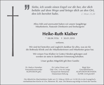 Traueranzeige von Heike-Ruth Klaiber von SÜDWEST PRESSE Ausgabe Ulm/Neu-Ulm