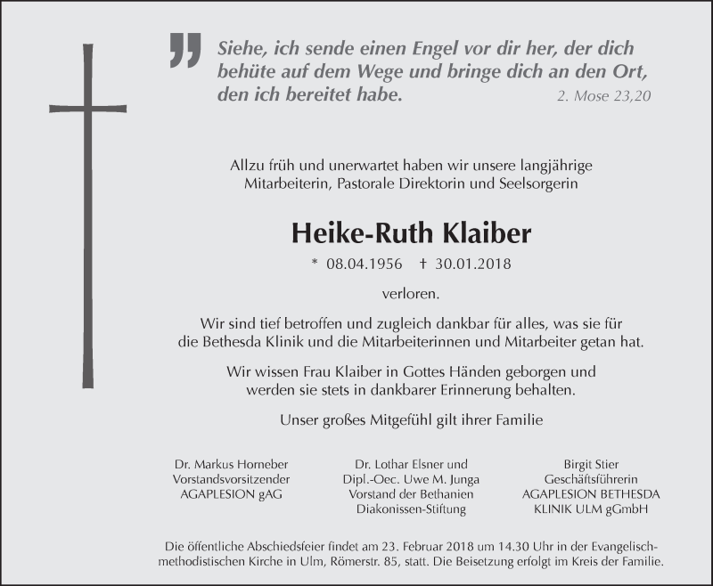  Traueranzeige für Heike-Ruth Klaiber vom 07.02.2018 aus SÜDWEST PRESSE Ausgabe Ulm/Neu-Ulm