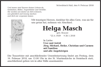 Traueranzeige von Helga Masch von Haller Tagblatt