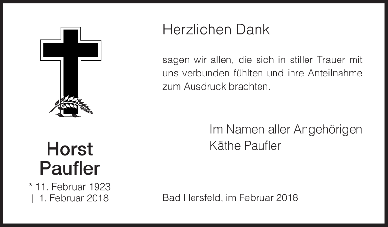  Traueranzeige für Horst Paufler vom 17.02.2018 aus NWZ Neue Württembergische Zeitung