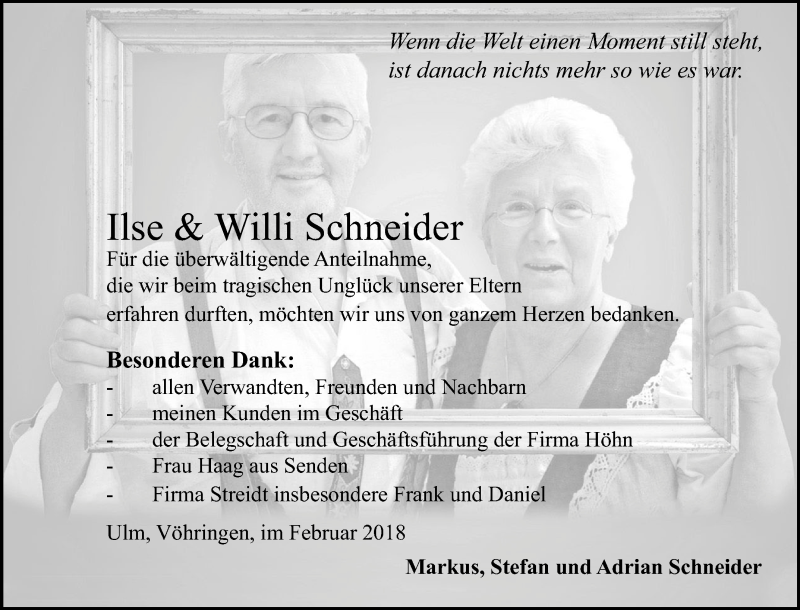  Traueranzeige für Ilse und Willi Schneider vom 24.02.2018 aus SÜDWEST PRESSE Ausgabe Ulm/Neu-Ulm